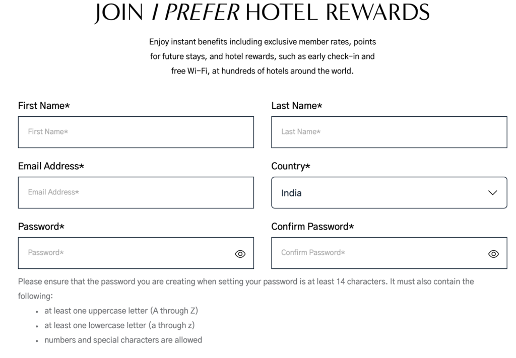 a screenshot of a hotel rewards form